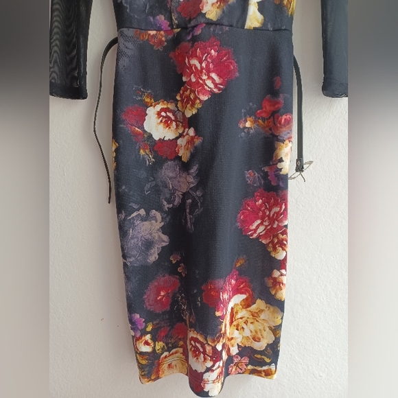 Venus black floral bodycon dress with mesh sleeves and mesh upper back, Small - Picture 3 of 9